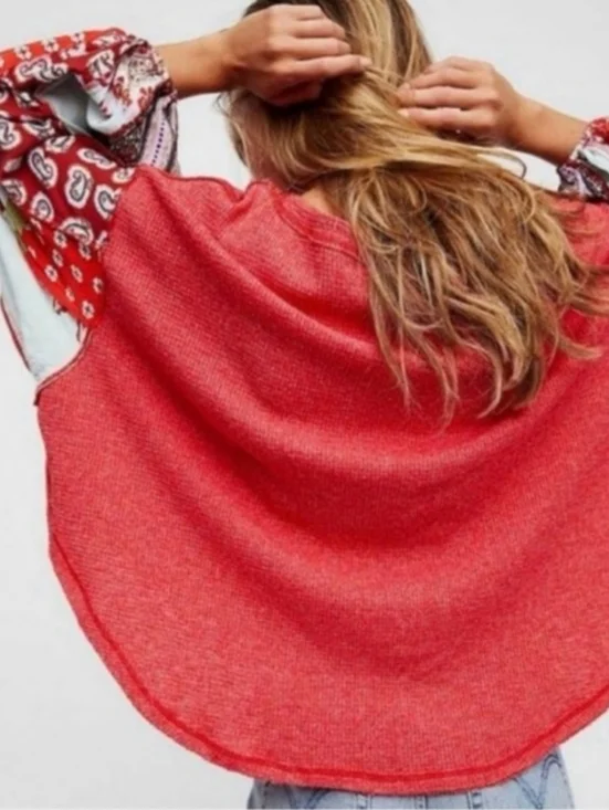 Free People We The Free Waffle Knit Boho Sleeves Blossom Top Oversized M - Picture 3 of 16
